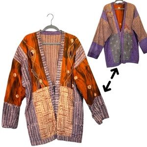 Artisan Kantha Handpieced Jacket Orange Purple Patchwork Reversible Wrap Kimono